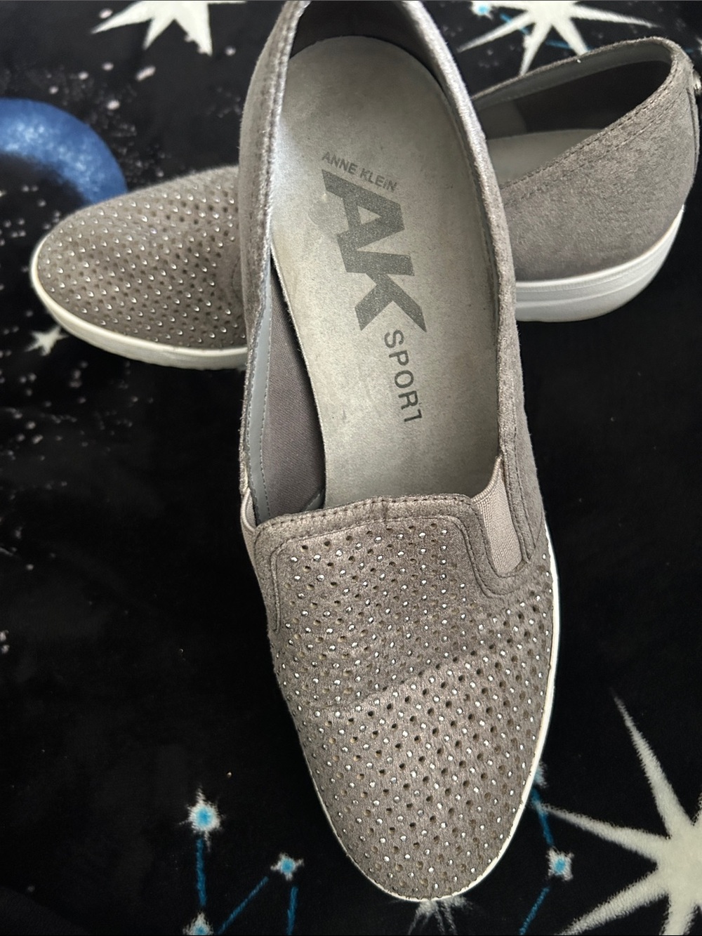 Anne Klein Taupe Suede Slip-On Flats with Crystal Accents
